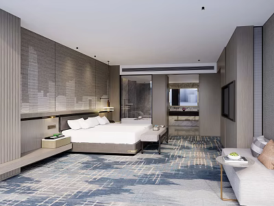 Modern Hotel Room Interior With Comfortable Bed Modern Wall Design Geometric Carpet And Cozy Sofa 3d model
