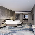 Modern Hotel Room Interior With Comfortable Bed Modern Wall Design Geometric Carpet And Cozy Sofa