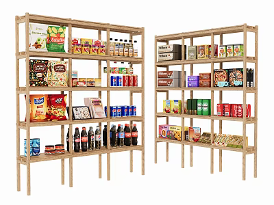 Retail Display Shelves Stocked with Cereals Snacks Bottled Drinks and Canned Goods 3d model
