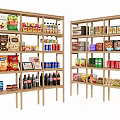 Retail Display Shelves Stocked with Cereals Snacks Bottled Drinks and Canned Goods