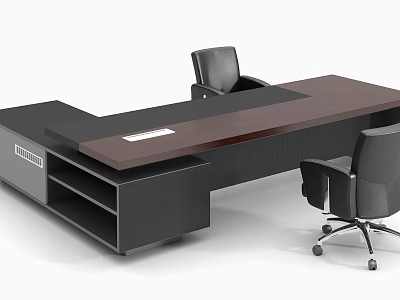 Modern Office Desk With Wooden Top Black Storage Drawers And Ergonomic Chairs 3d model