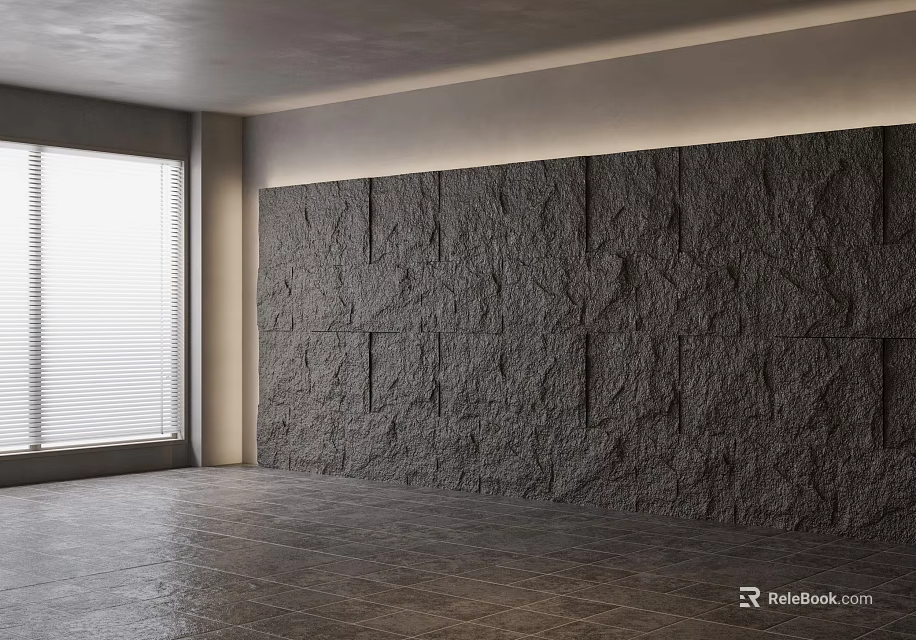 Modern Minimalist Room Interior With Dark Textured Accent Wall Wooden Flooring And Window Blinds 3d model 