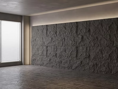 Modern Minimalist Room Interior With Dark Textured Accent Wall Wooden Flooring And Window Blinds 3d model