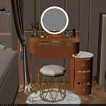 Elegant Brown Dressing Table with Round Mirror Open Drawers and Gold Stool 3d model