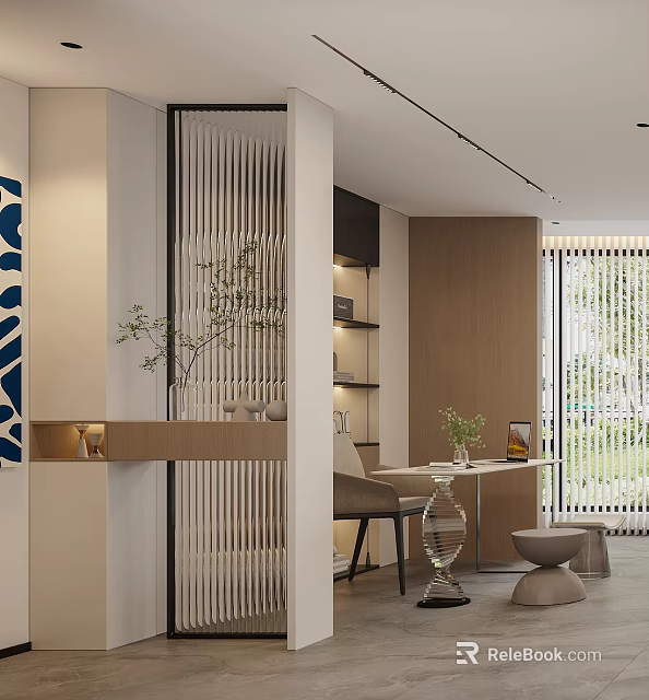 Modern Entryway Hallway Interior Design With Vertical Slat Partition And Potted Plant Wooden Shelves 3d model 