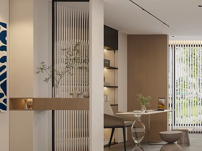 Modern Entryway Hallway Interior Design With Vertical Slat Partition And Potted Plant Wooden Shelves 3d model