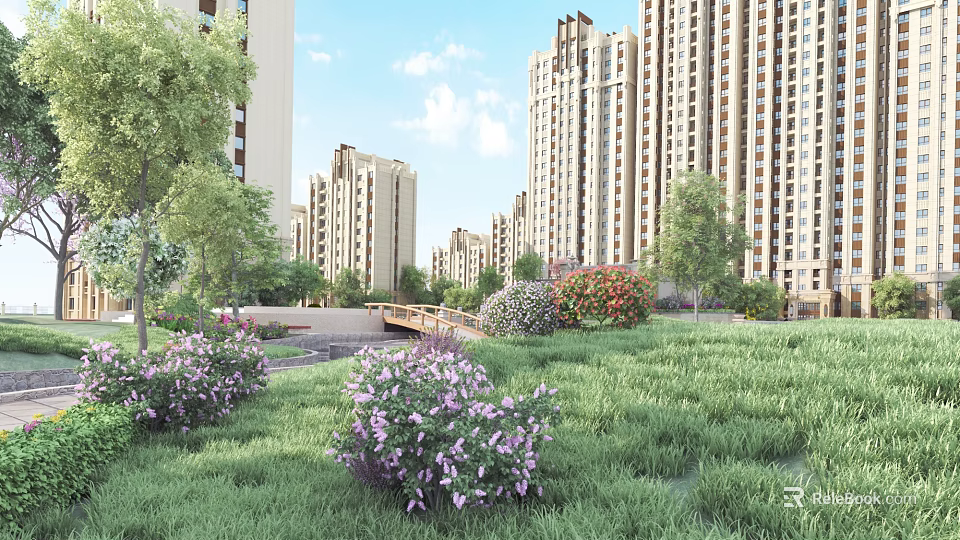 Modern Residential Landscape With High Rise Buildings Green Lawns Flowering Plants And Small Bridge 3d model 