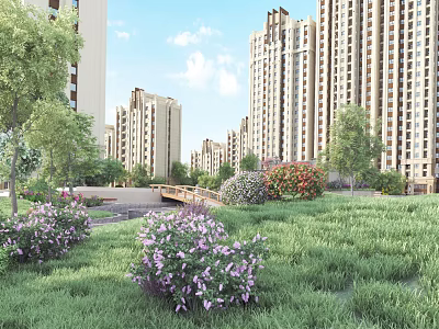 Modern Residential Landscape With High Rise Buildings Green Lawns Flowering Plants And Small Bridge 3d model