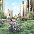 Modern Residential Landscape With High Rise Buildings Green Lawns Flowering Plants And Small Bridge