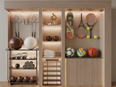 Sports Equipment Organized in Modern Cabinet with Badminton Tennis Rackets Soccer Volleyball Basketball Bowling Balls 3d model