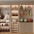 Sports Equipment Organized in Modern Cabinet with Badminton Tennis Rackets Soccer Volleyball Basketball Bowling Balls