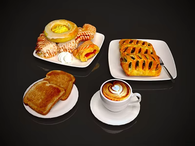 Freshly Baked Assorted Breakfast Foods With Croissants Toast And Latte Coffee 3d model