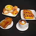Freshly Baked Assorted Breakfast Foods With Croissants Toast And Latte Coffee