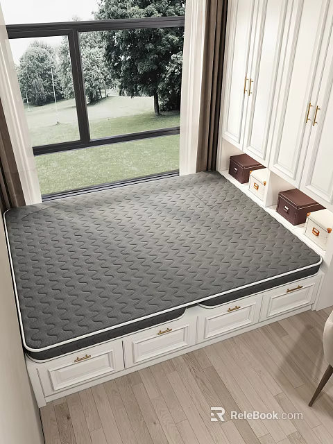 Gray Quilted Mattress On Storage Drawer Bed Frame With White Cabinets And Green Lawn View 3d model 