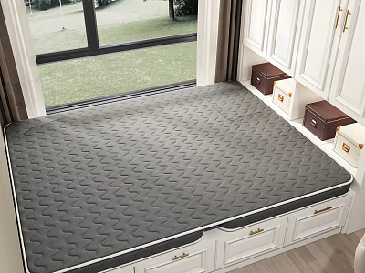 Gray Quilted Mattress On Storage Drawer Bed Frame With White Cabinets And Green Lawn View 3d model