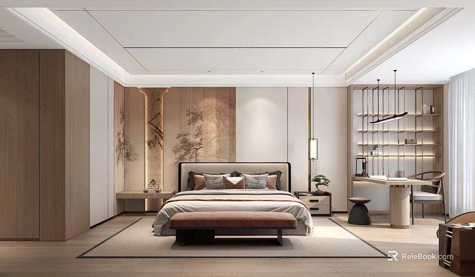 Modern Bedroom Interior Design With King Bed Decorative Wall Art And Hanging Lamps 3d model 
