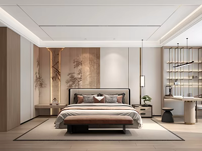 Modern Bedroom Interior Design With King Bed Decorative Wall Art And Hanging Lamps 3d model