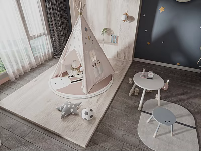Children's White Pink Teepee Tent In Kids Room With Star Pattern Table Chair Star Pillow 3d model