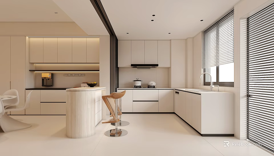 Modern Kitchen Interior With White Cabinets Island Bar Stool And Window Blinds 3d model 