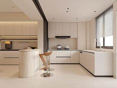 Modern Kitchen Interior With White Cabinets Island Bar Stool And Window Blinds 3d model