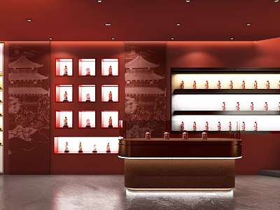 Traditional Tea House Interior With Red Walls And Display Shelves For Tea Sets 3d model