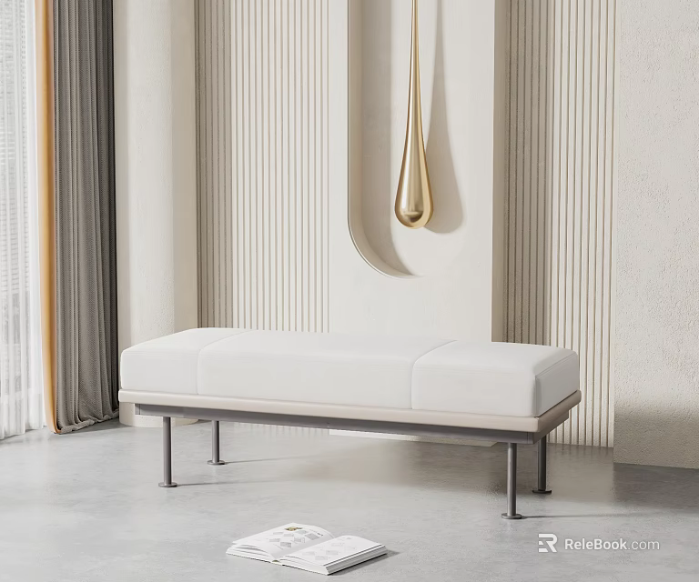 Modern White Ottoman with Metal Legs Gold Pendant and Gray Floor in Interior Space 3d model 