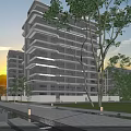 Modern Multi Storey Residential Building With Balconies Greenery Lawn And Water Pool