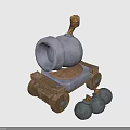 Medieval Stone Weapon Launcher Featuring Wooden Base Wheels Rope And Stone Balls