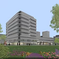 Modern Hotel Building With Curved Glass Facade Green Garden Pedestrians And Blue Sky Clouds