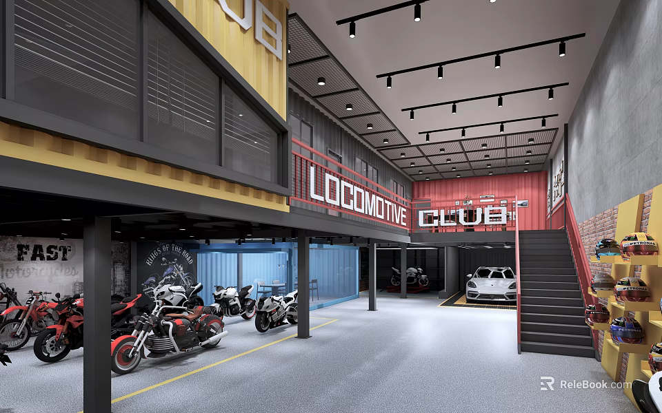 Industrial Workshop Interior Design With Motorcycles Cars And Locomotive Club Sign 3d model 