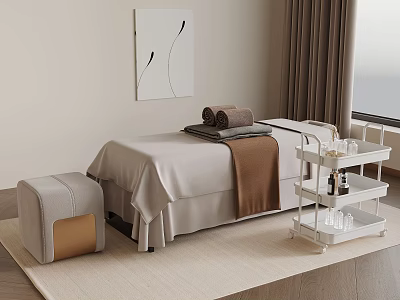 Tranquil Massage Therapy Room With Comfortable Table Stool Towels And Storage Cart 3d model