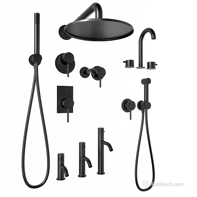 Black Bathroom Shower System With Rain Head Handheld Faucet And Control Knobs 3d model