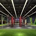 Modern Fitness Gym Interior With Green Turf Training Area Workout Tires And Lighting