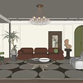 Modern Living Room Interior With Brown Leather Sofa Green Armchair And Black White Rug