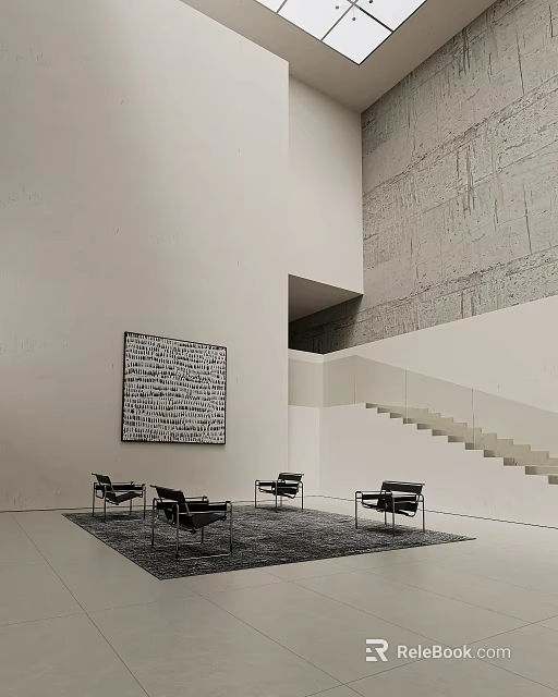 Modern Cultural Center Interior With Artwork And Black Chairs 3d model 