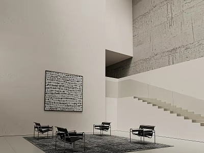 Modern Cultural Center Interior With Artwork And Black Chairs 3d model