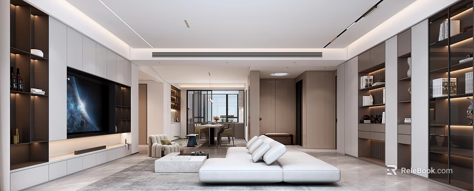 Modern Living Dining Room Interior Design With White Sofa Dining Table And Large Windows 3d model