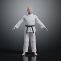 3D Rendered Karate Practitioner In White Uniform With Black Belt Standing On Dark Background