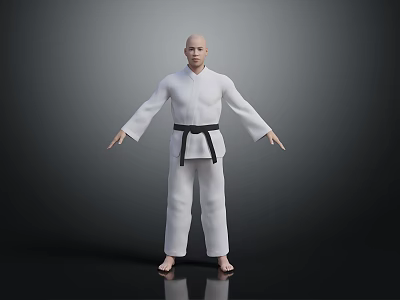 3D Rendered Karate Practitioner In White Uniform With Black Belt Standing On Dark Background 3d model