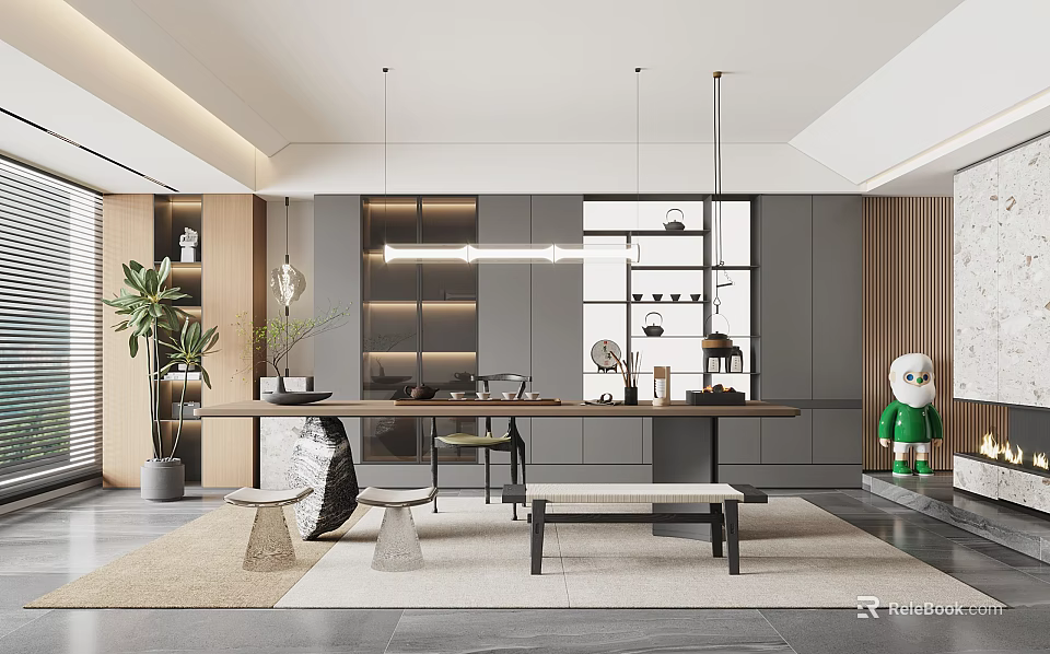 Modern Tea Room Interior With Wooden Table Hanging Lamps Decorative Shelves And Green Plants 3d model 