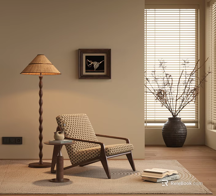 Cozy Leisure Chair With Patterned Fabric Wooden Frame Side Table Floor Lamp And Wall Art 3d model 