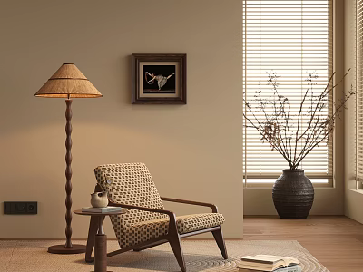 Cozy Leisure Chair With Patterned Fabric Wooden Frame Side Table Floor Lamp And Wall Art 3d model