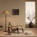 Cozy Leisure Chair With Patterned Fabric Wooden Frame Side Table Floor Lamp And Wall Art