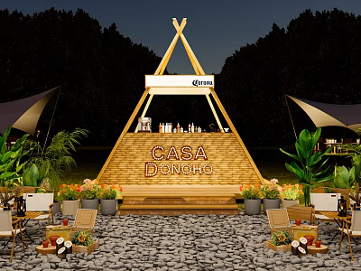 Casa Denoho Campsite With Wooden Triangle Structure Plants And Outdoor Tables Chairs 3d model