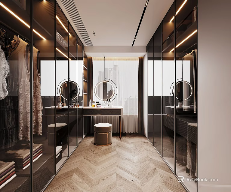 Modern Walk in Closet Interior Design With Glass Doors Round Mirrors And Herringbone Flooring 3d model 