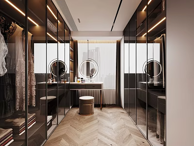 Modern Walk in Closet Interior Design With Glass Doors Round Mirrors And Herringbone Flooring 3d model
