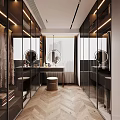 Modern Walk in Closet Interior Design With Glass Doors Round Mirrors And Herringbone Flooring