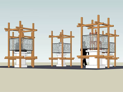 Wooden Display Shelves With Grid Design And White Base For Product Showcase 3d model