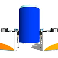Curved Modern Reception Desk Featuring Blue Cylinder White Orange Countertop Computer Monitors And Black Chairs