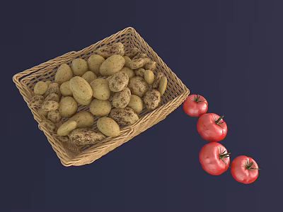 Fresh Vegetables Potatoes in Wicker Basket and Red Tomatoes Beside 3d model